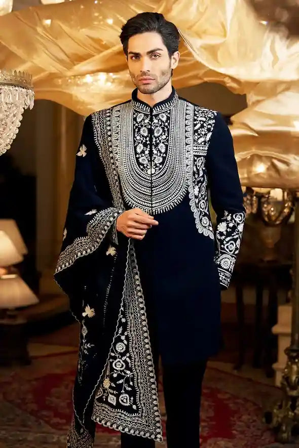 Blue Indo-western Set with Italian Fabric & Mala Style Embroidery