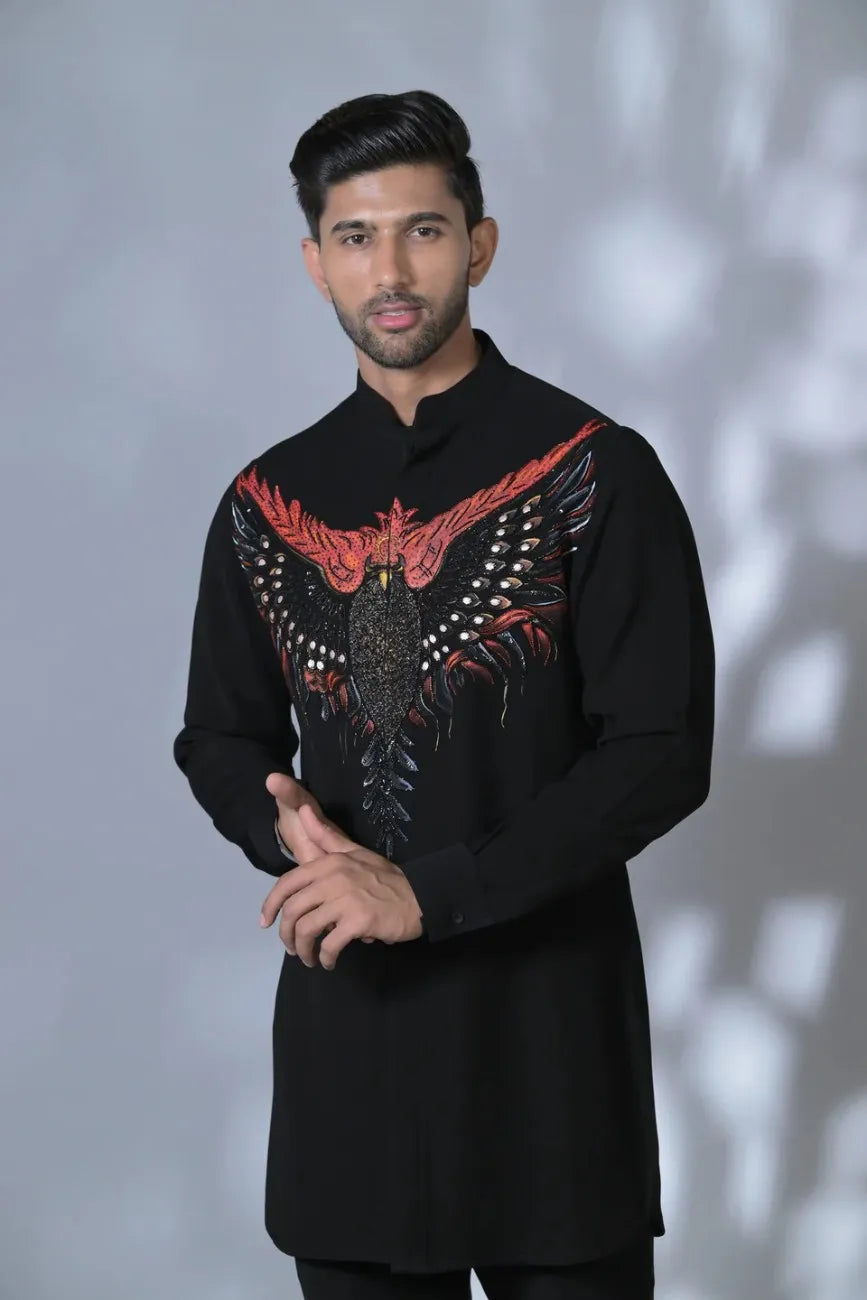 Designer Black Hand Embroidered Eagle Shirt