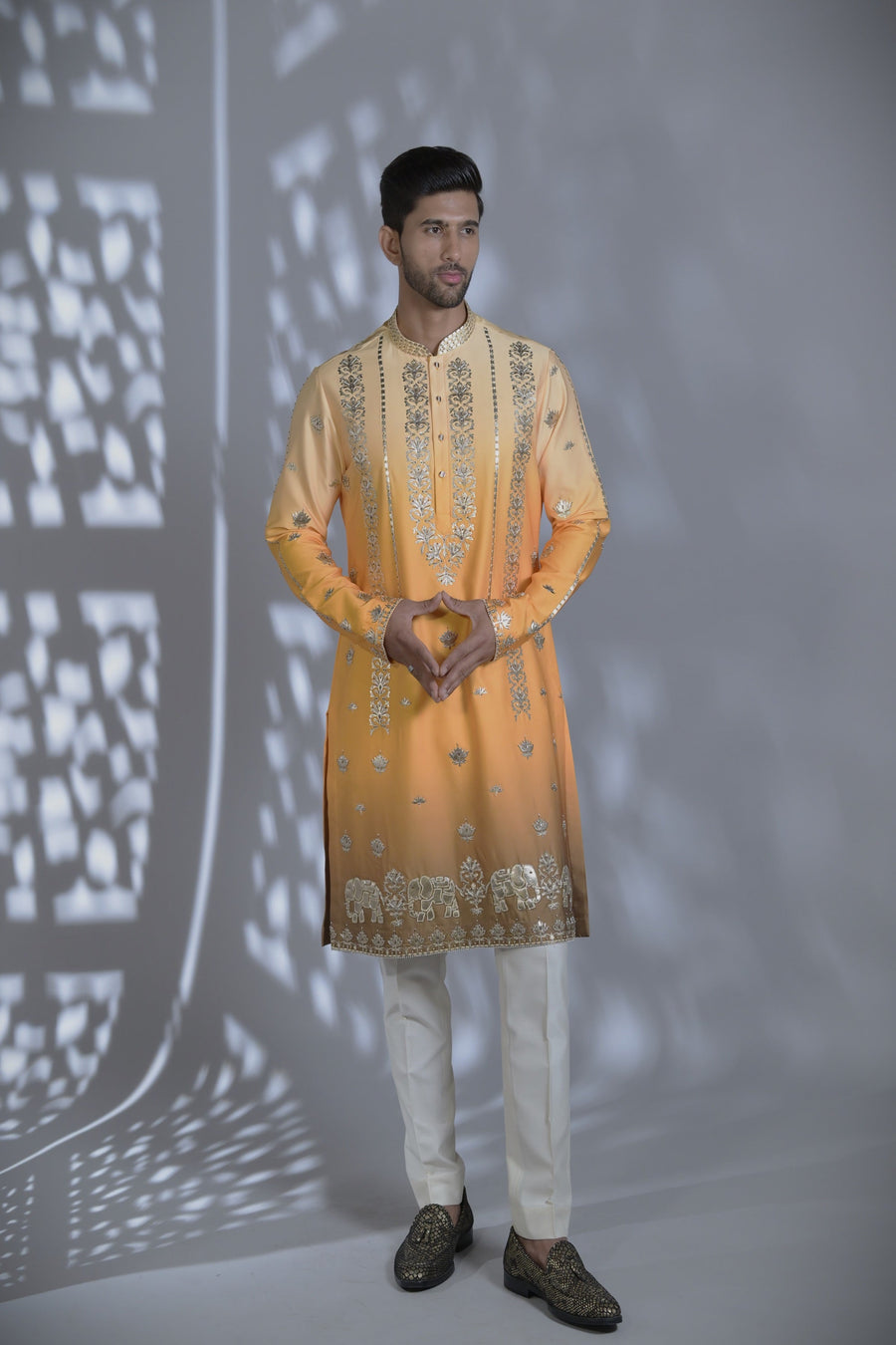 Designer Yellow Leather Applique Men's Kurta Set