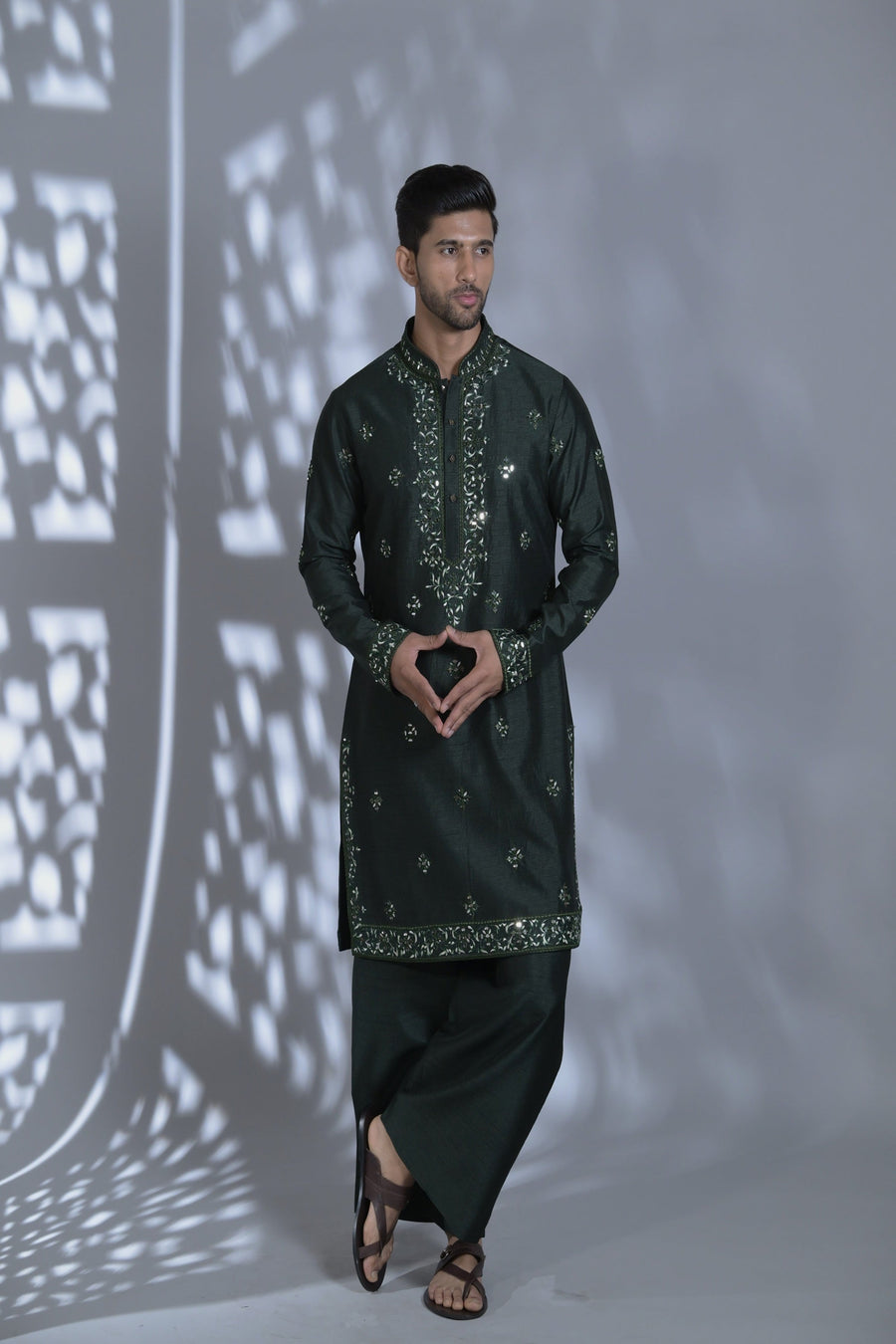 Designer Dark Bottle Green Embroidered Mirror Work Kurta Set