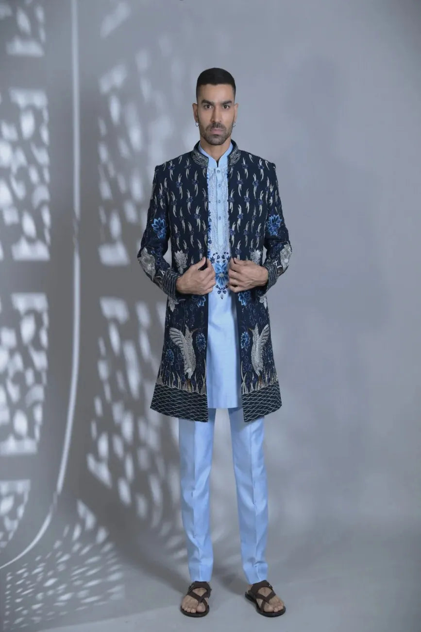 Designer Blue Front open indo-western embroided