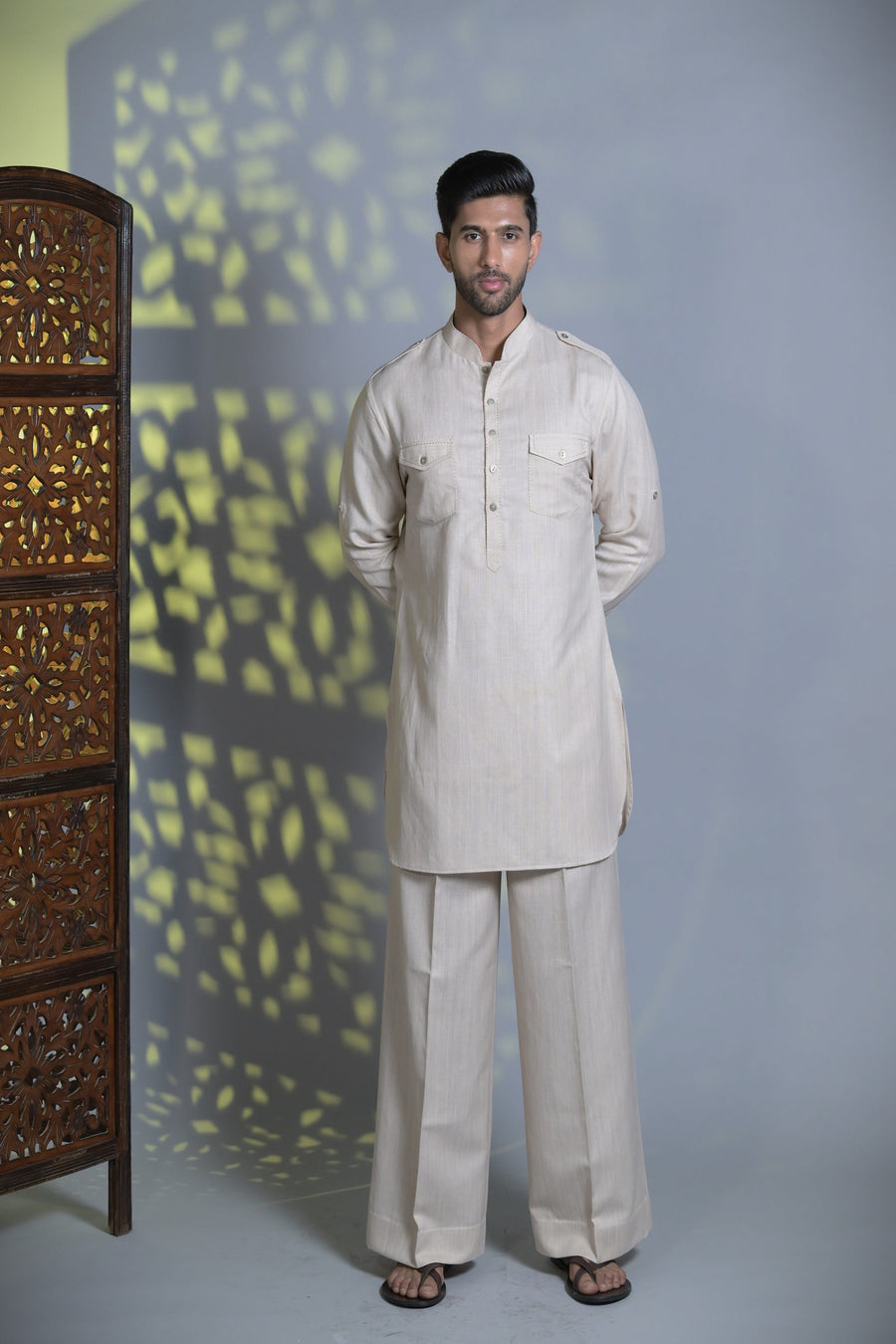 Designer Beige Classic Pathani Kurta Set