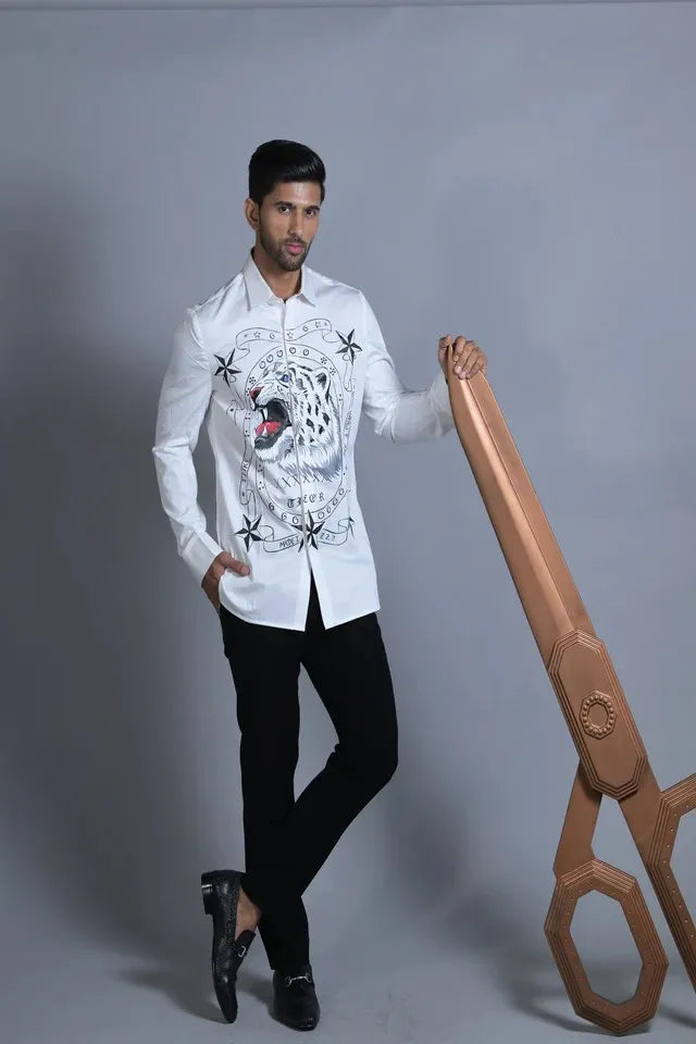 Designer Hand Painted Tiger Pattern Shirt