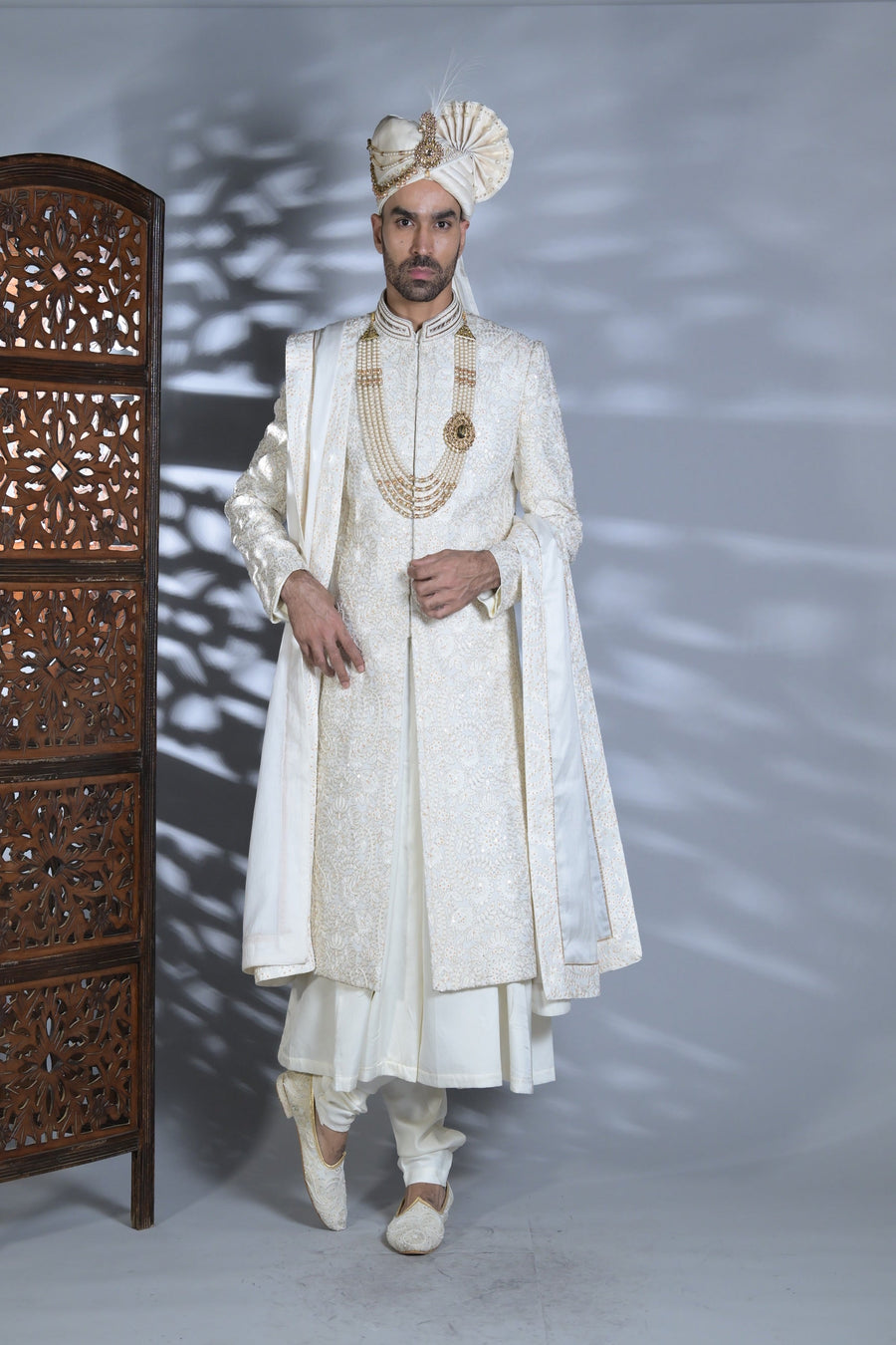 White Silk Embroidery Thread Flower Sherwani Set