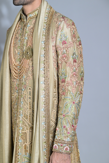 Designer Sherwani with Saturated Green Intricate Embroidery