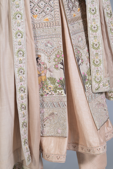 Beige Embroided Sherwani Set