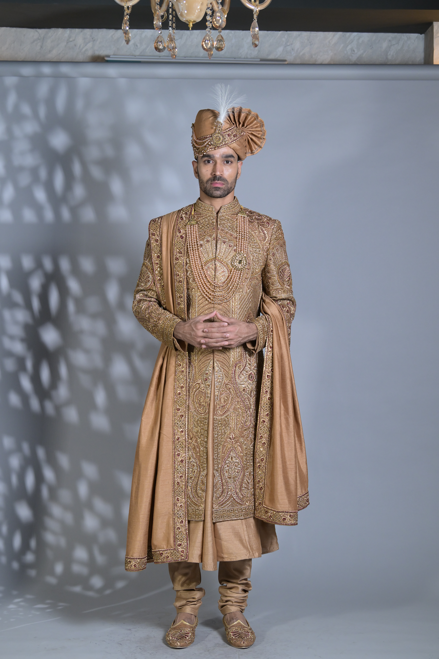 Dark Beige High Collar Silk Sherwani Set