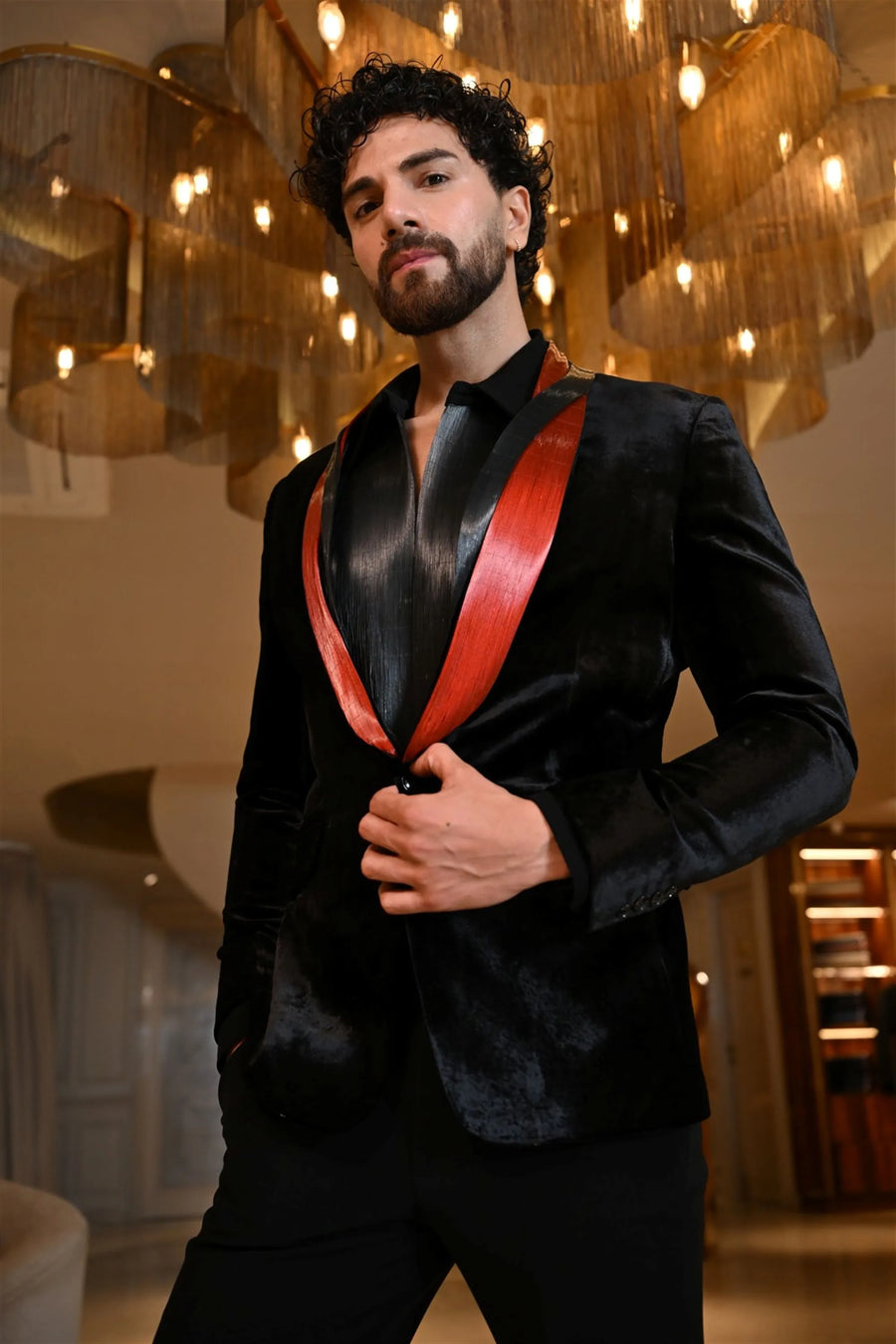 Flowy metallic red & black lapel tux