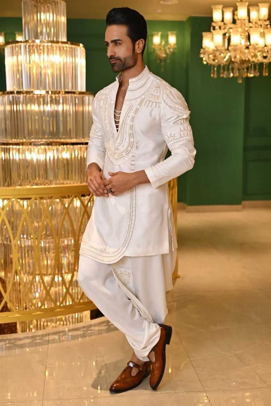 Ivory Sculptural Embroidered Kurta Dhoti