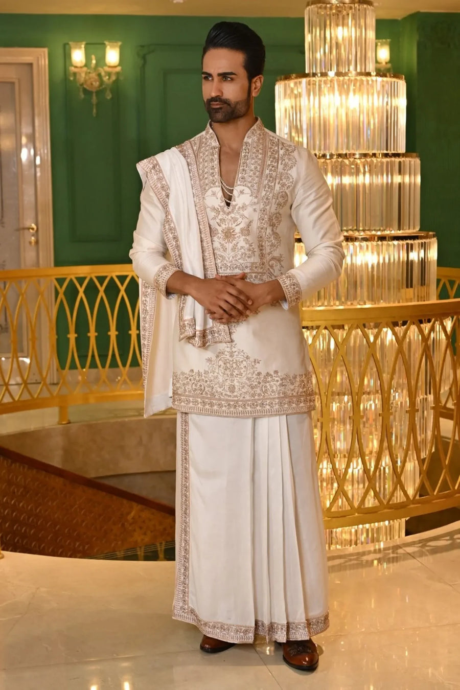 Pearl White Gold-Embroidered Kurta Set