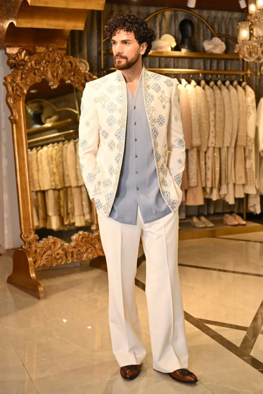 Off White Blue Butta Bandhgala, shirt kurta, trousers