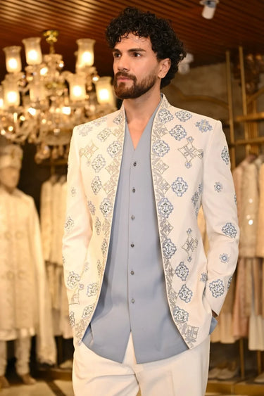 Off White Blue Butta Bandhgala, shirt kurta, trousers