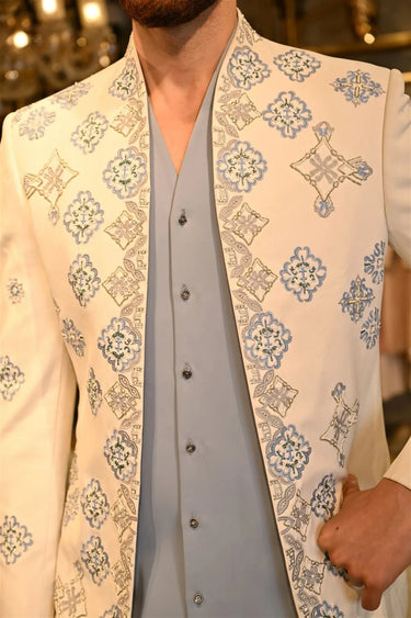 Off White Blue Butta Bandhgala, shirt kurta, trousers