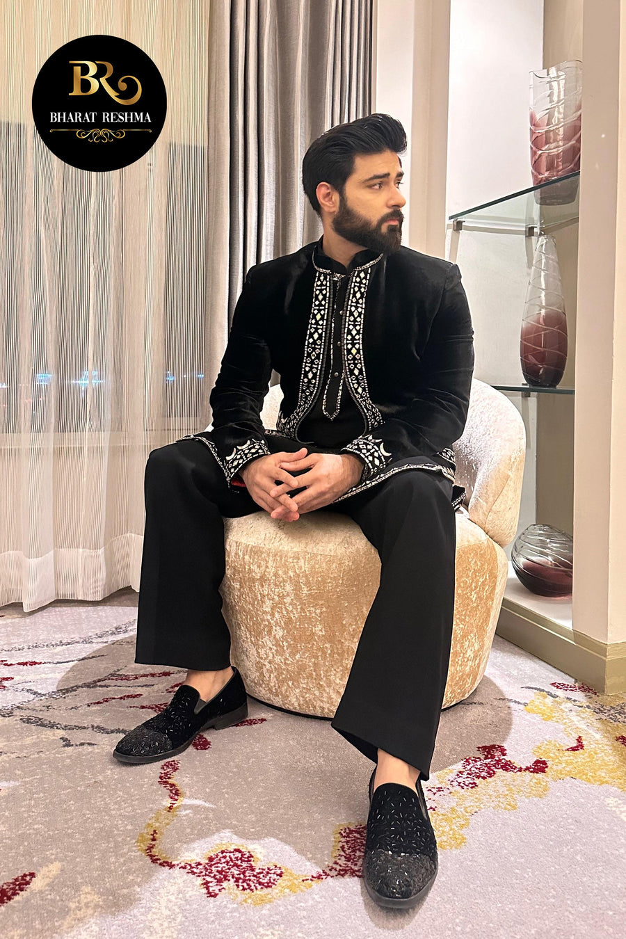 Bismil in Our Black Velvet Mirror Embroidery Kurta set