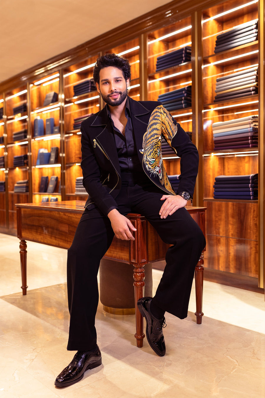Siddhant Chaturvedi in Our Black Hand Painted with Studs, Pearls Work Lion Design Jacket