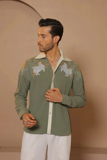 Green Thread and hand embroidered  shirt