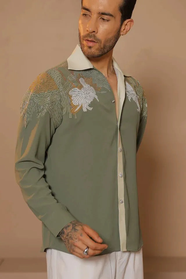 Green Thread and hand embroidered  shirt