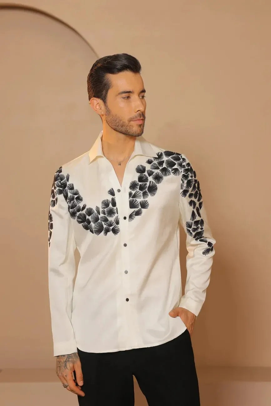 White Magna thread embroidered tapered fit shirt