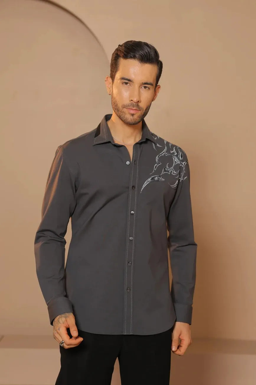 Gray Swarovski Embroidery Motif Shirt