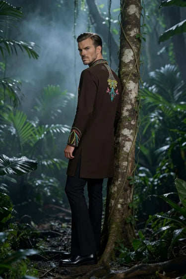 Brown Kurta Set with Multicolor Thread Work for Men