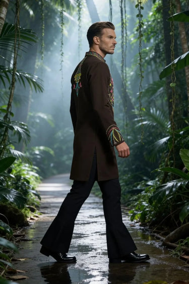 Brown Kurta Set with Multicolor Thread Work for Men