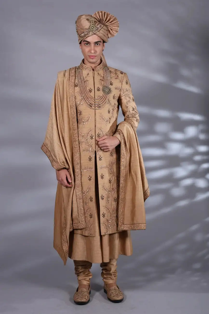 Designer Full Sleeve Golden Sherwani Set