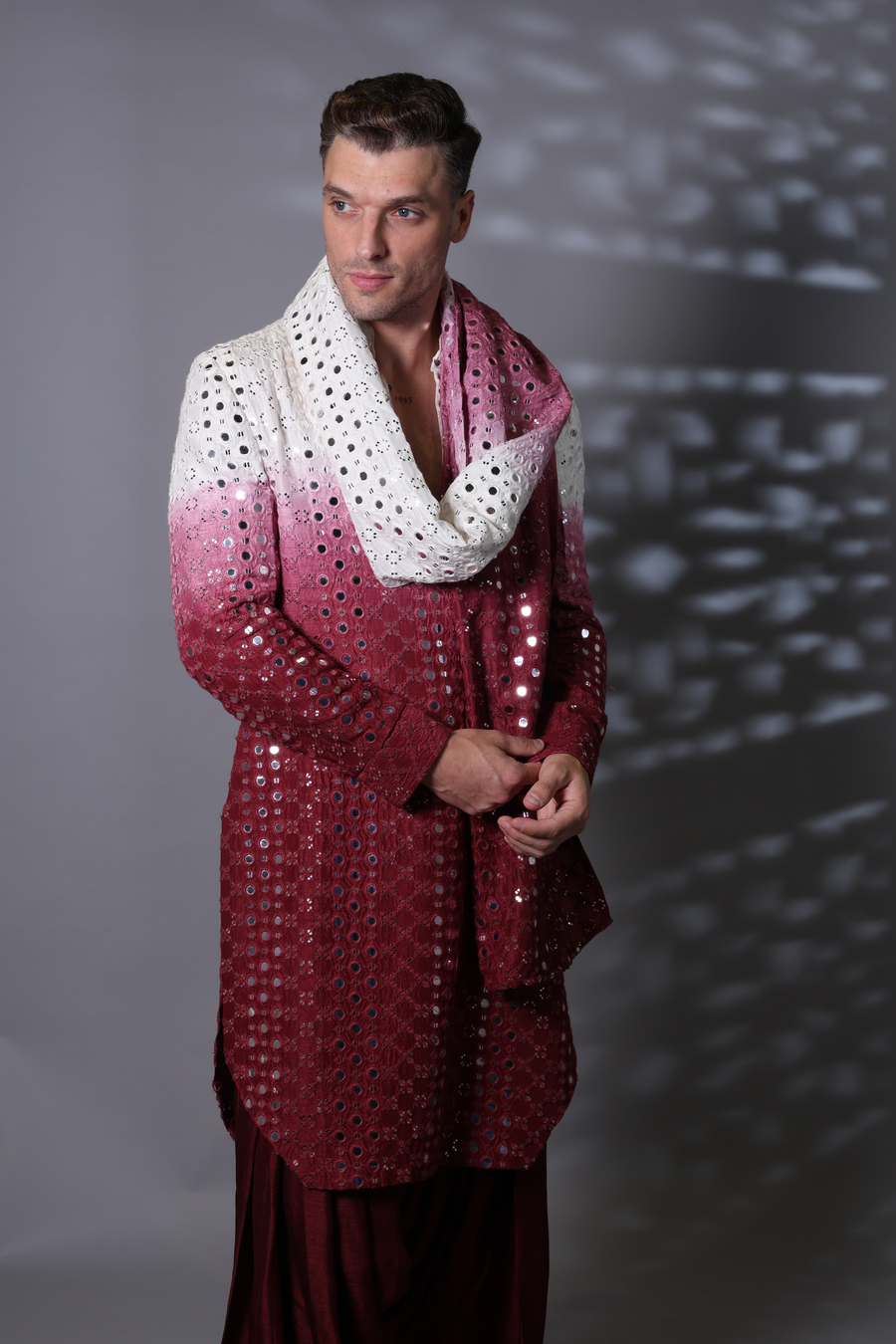 Maroon Mirror work kurta set with stole