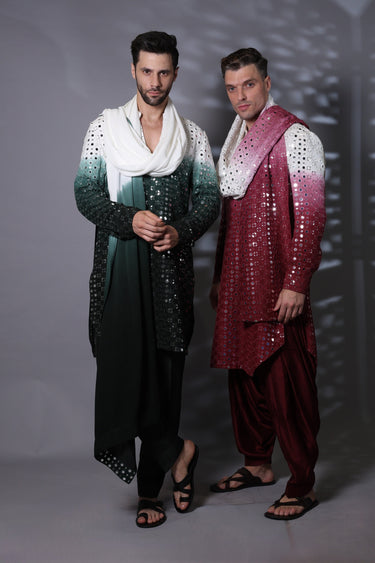 Maroon Mirror work kurta set with stole