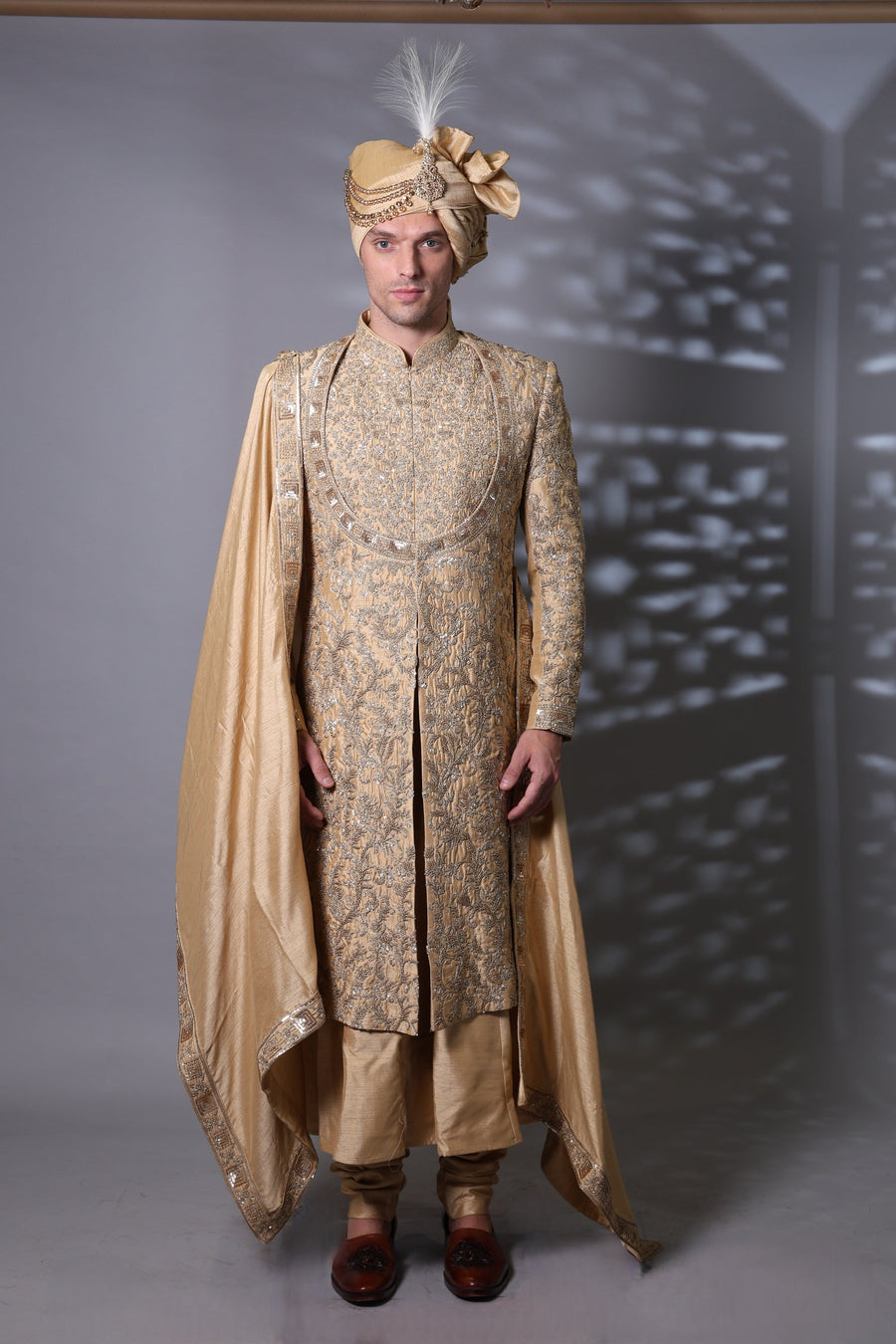 Golden Sand Sherwani – Royal Embroidery & Maharaja Illusion Neckline