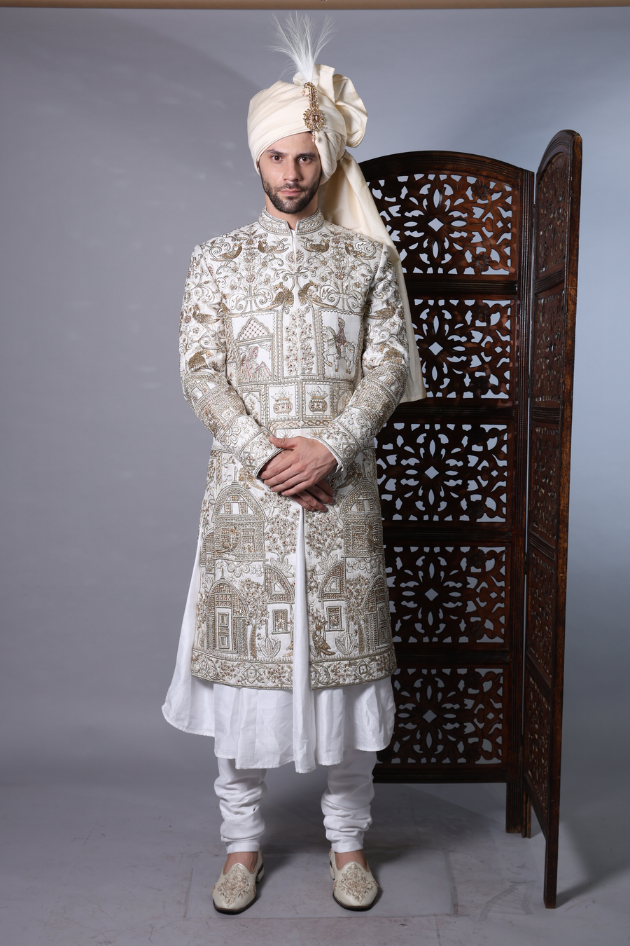 White Sherwani with Gold & Silver Embroidery