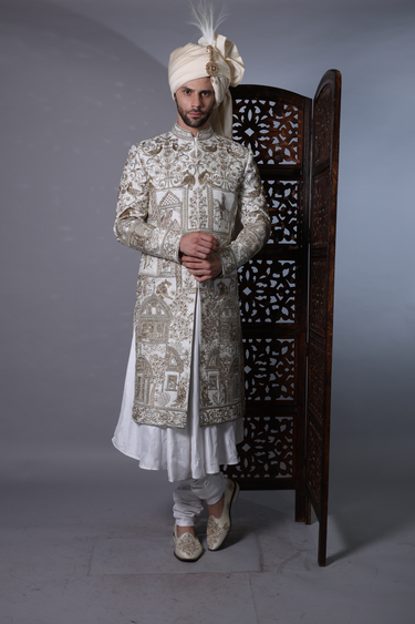 White Sherwani with Gold & Silver Embroidery