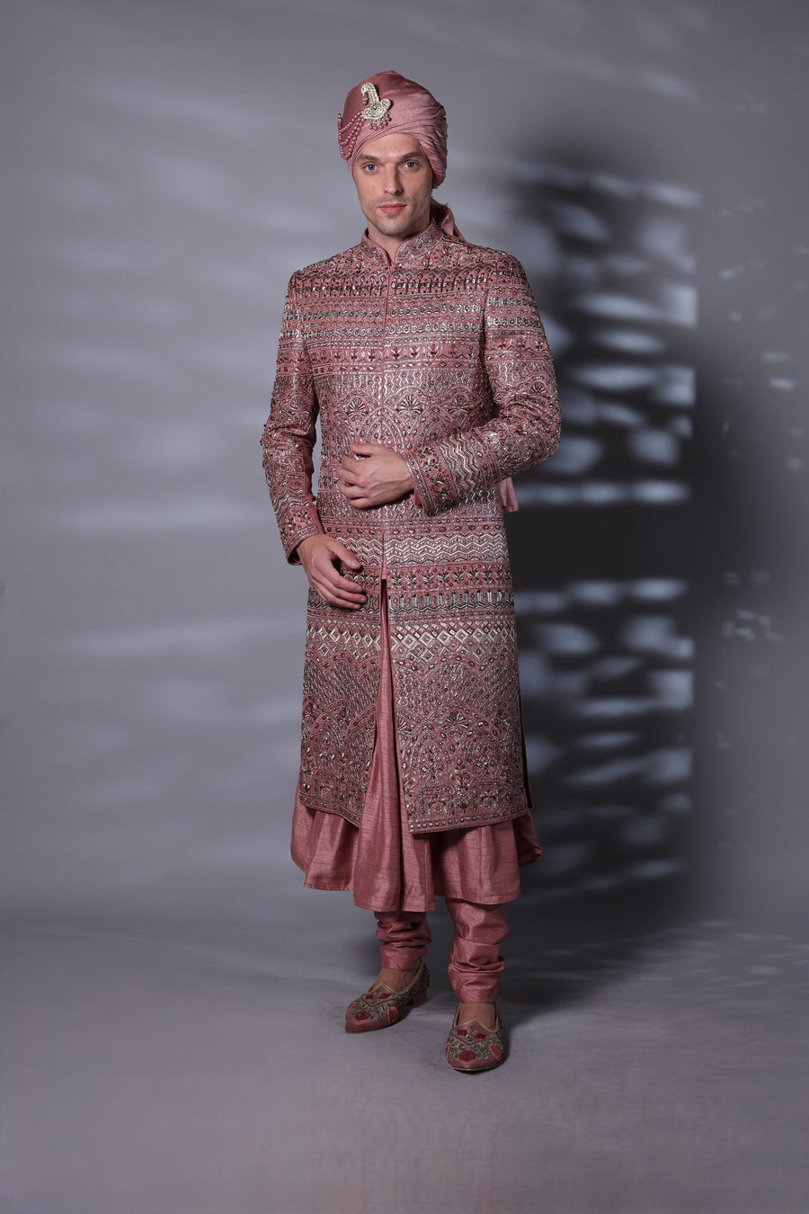 Burgundy Embroidered Sherwani Set for Groom