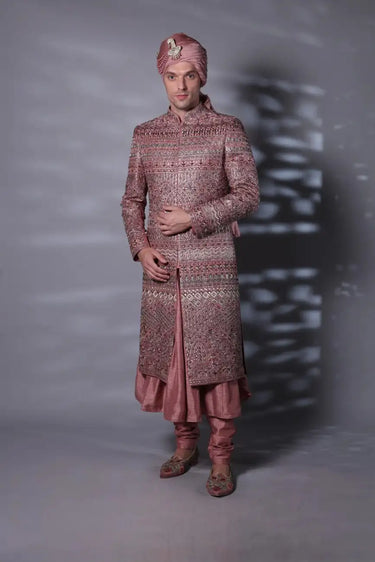 Burgundy Embroidered Sherwani Set for Groom