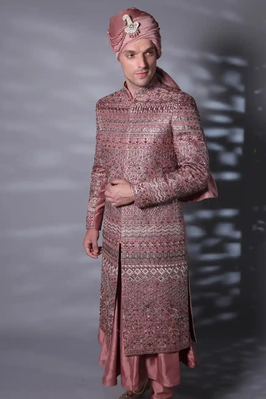 Burgundy Embroidered Sherwani Set for Groom