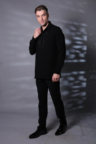 Black Glamorous Shine Embroided Motif Shirt