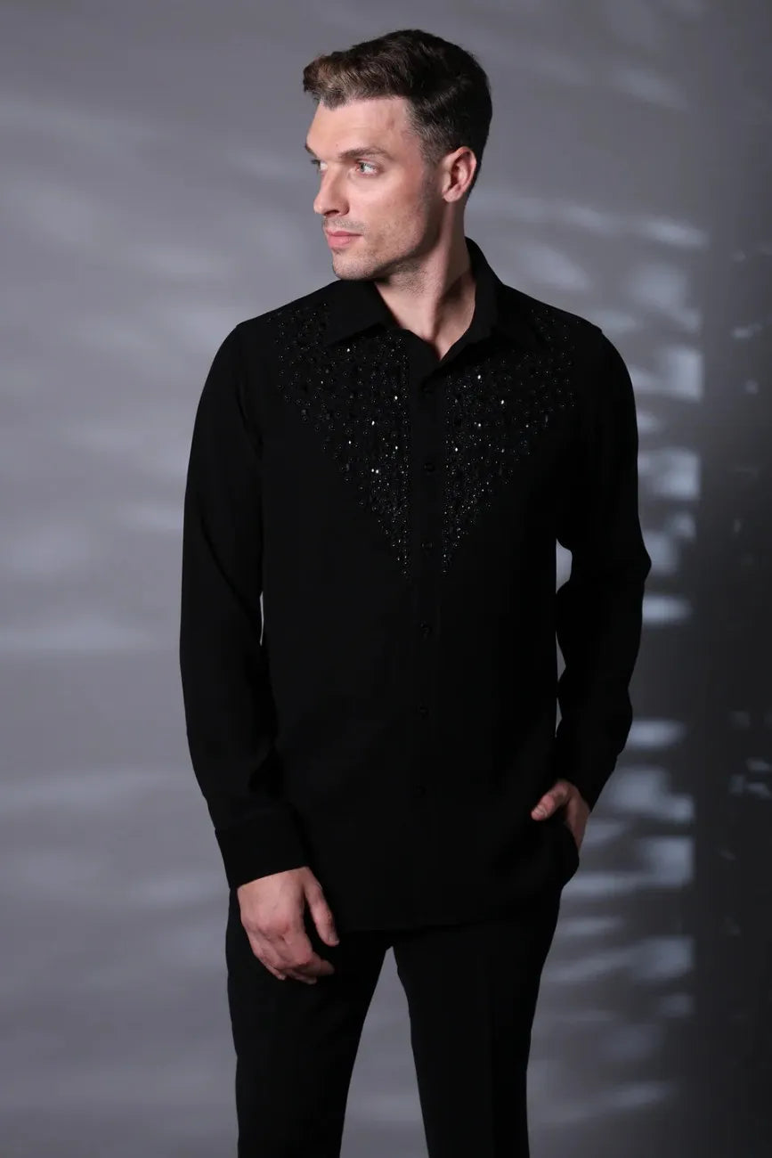 Black Glamorous Shine Embroided Motif Shirt