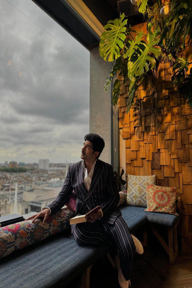 Taha Shah Badussha in Our Classic Blue Chalk Striped Pattern Suit
