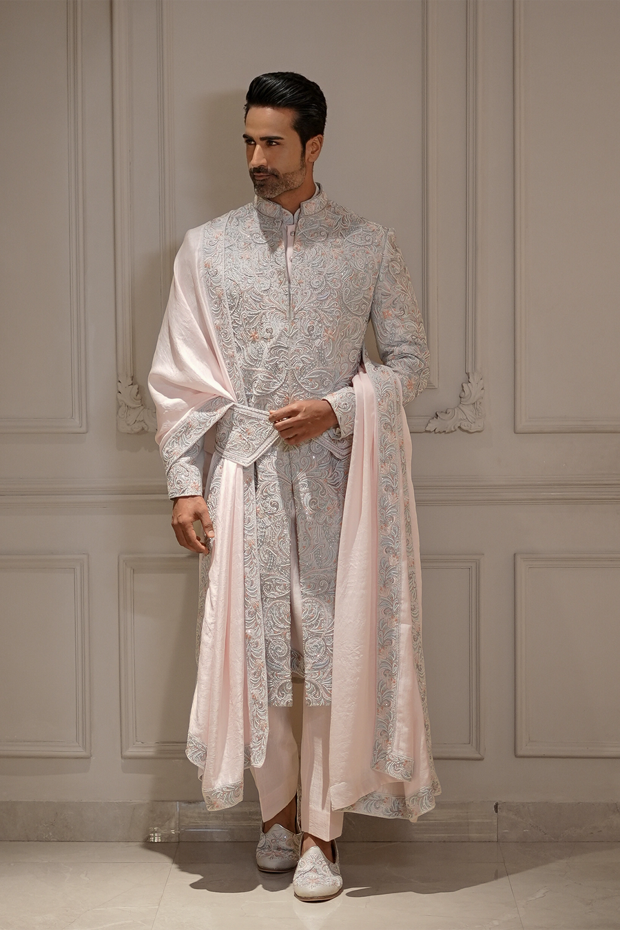 Majesty Hand-Embroidered Pastel Sherwani Set