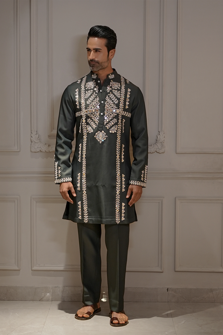 Green Silk Kurta with Mirror and Thread Embroidery