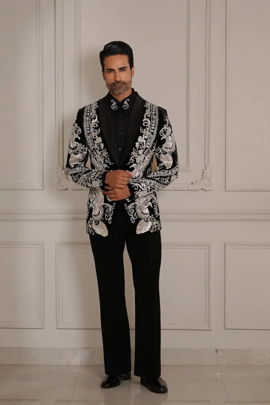 Regal Black Tux with Silver & Ivory Embroidery