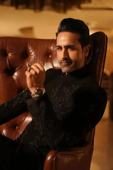 Men’s Black Meghna Bandhgala with Resham Floral Work