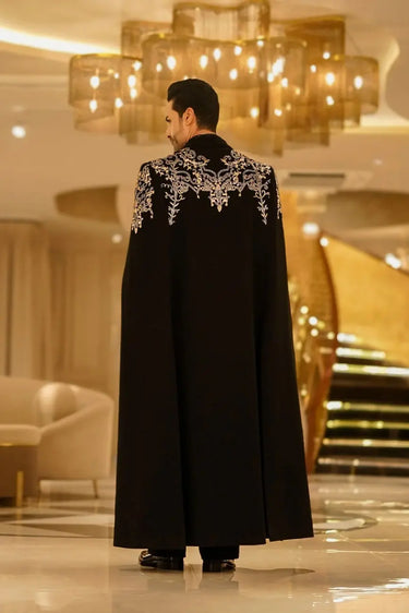 Black Hand-Embroidered Long Coat Set with Inner 2 Piece Ensemble