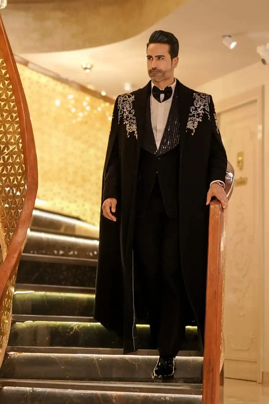 Black Hand-Embroidered Long Coat Set with Inner 2 Piece Ensemble