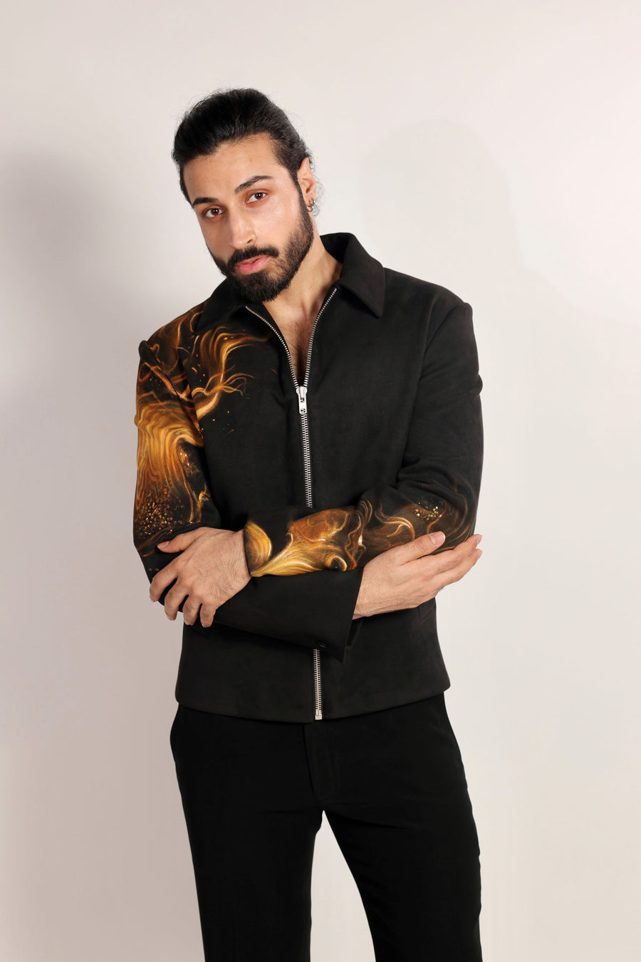 Black Magna Suiting Fire Hand Paint Jacket
