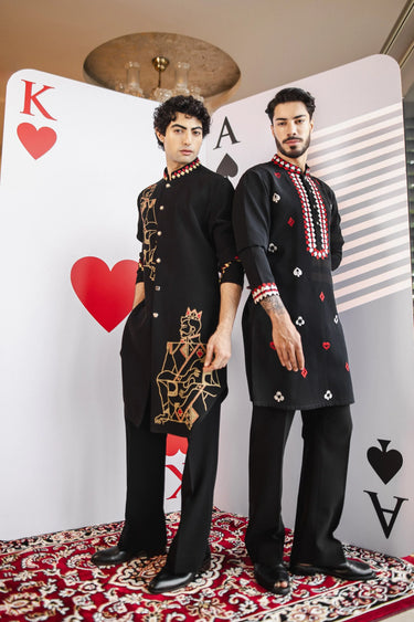 Lucky Card Black Kurta – Magna Fabric with Red & White Embroidery