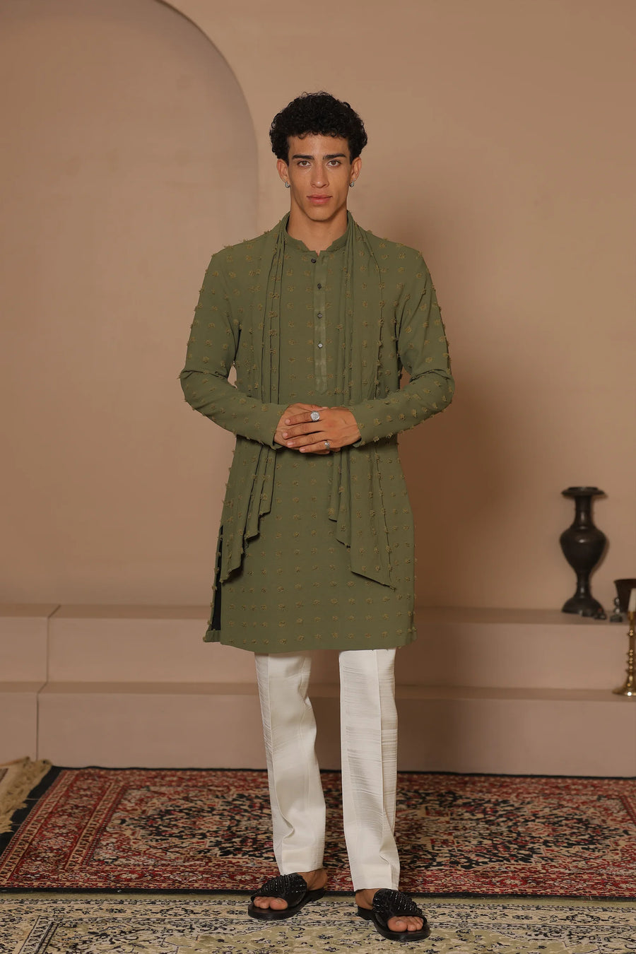 Olive Drape Kurta Stole Set