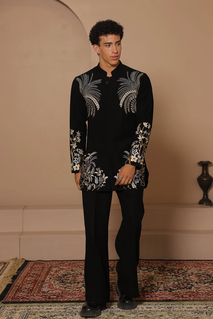 Black Palm Bloom Kurta Set