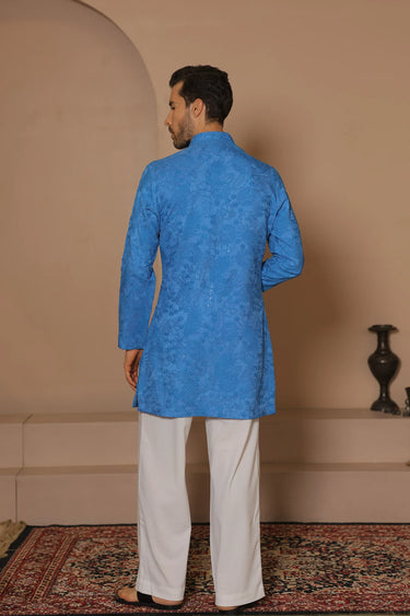 Tonal Blue Flora Kurta Set - Bharat Reshma