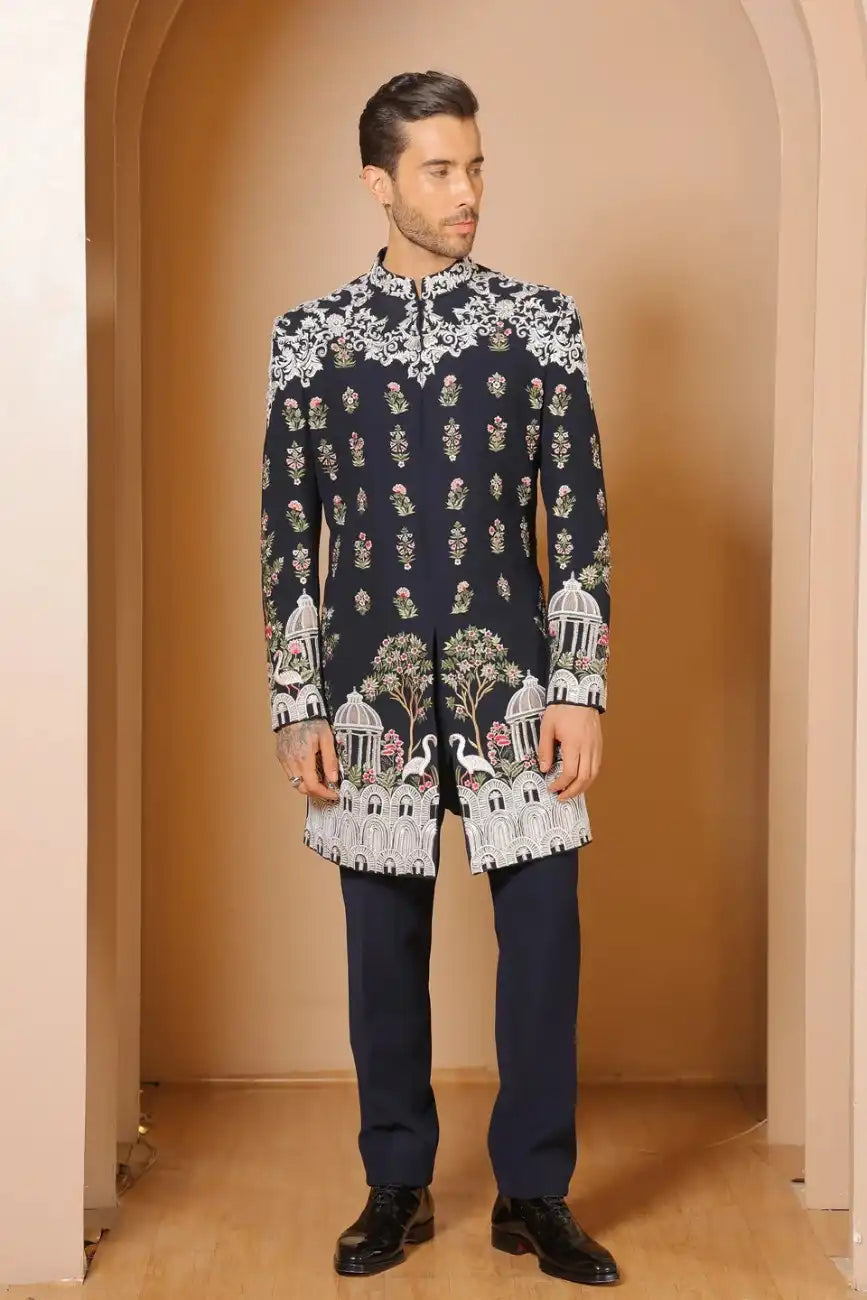Navy blue wild royal indowestern set