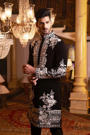 Men’s Black Meghna Fabric Kurta with Fine White Resham Floral Handwork